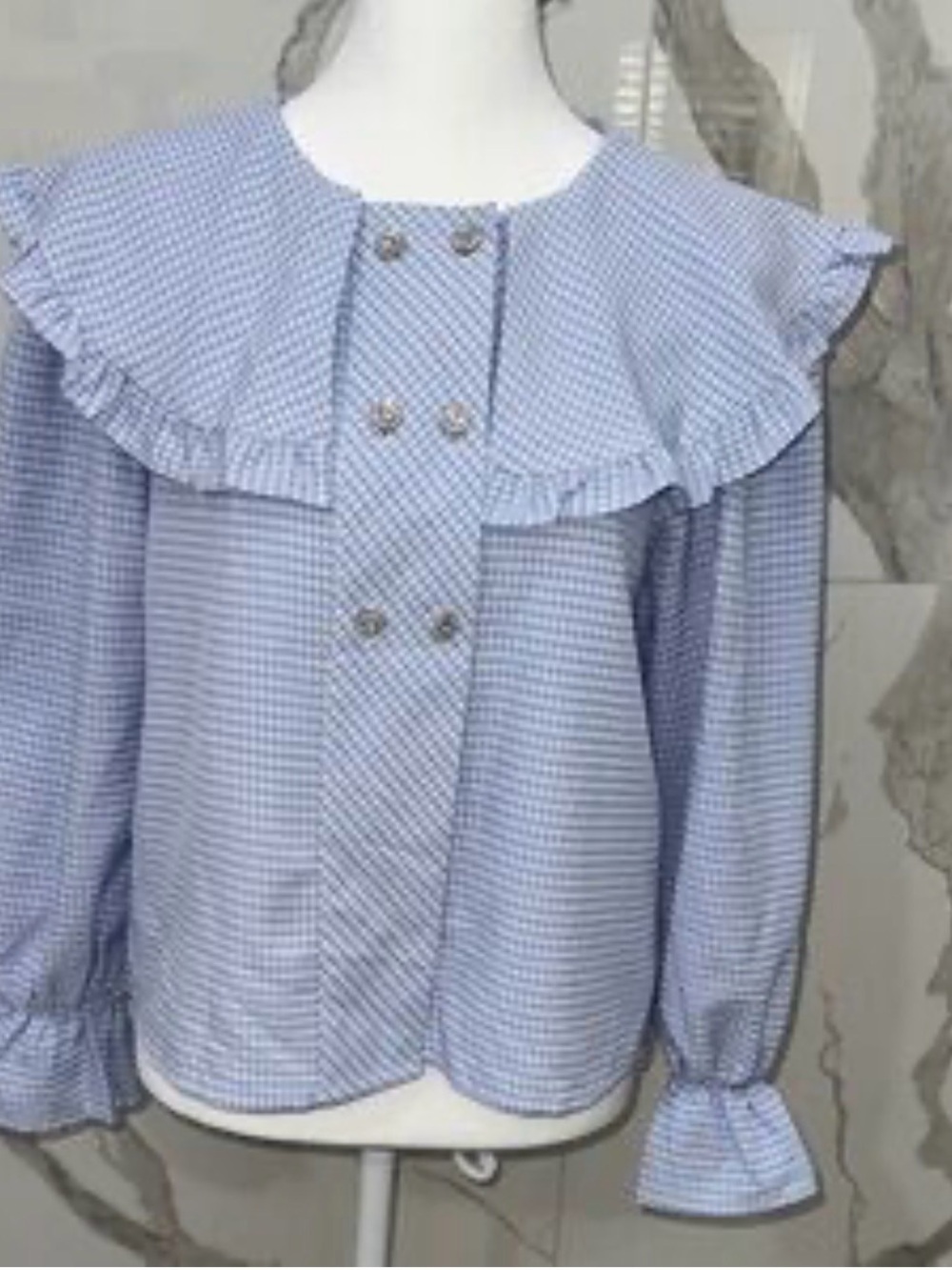 Zara Light Blue Gingham Ruffle Collar Blouse